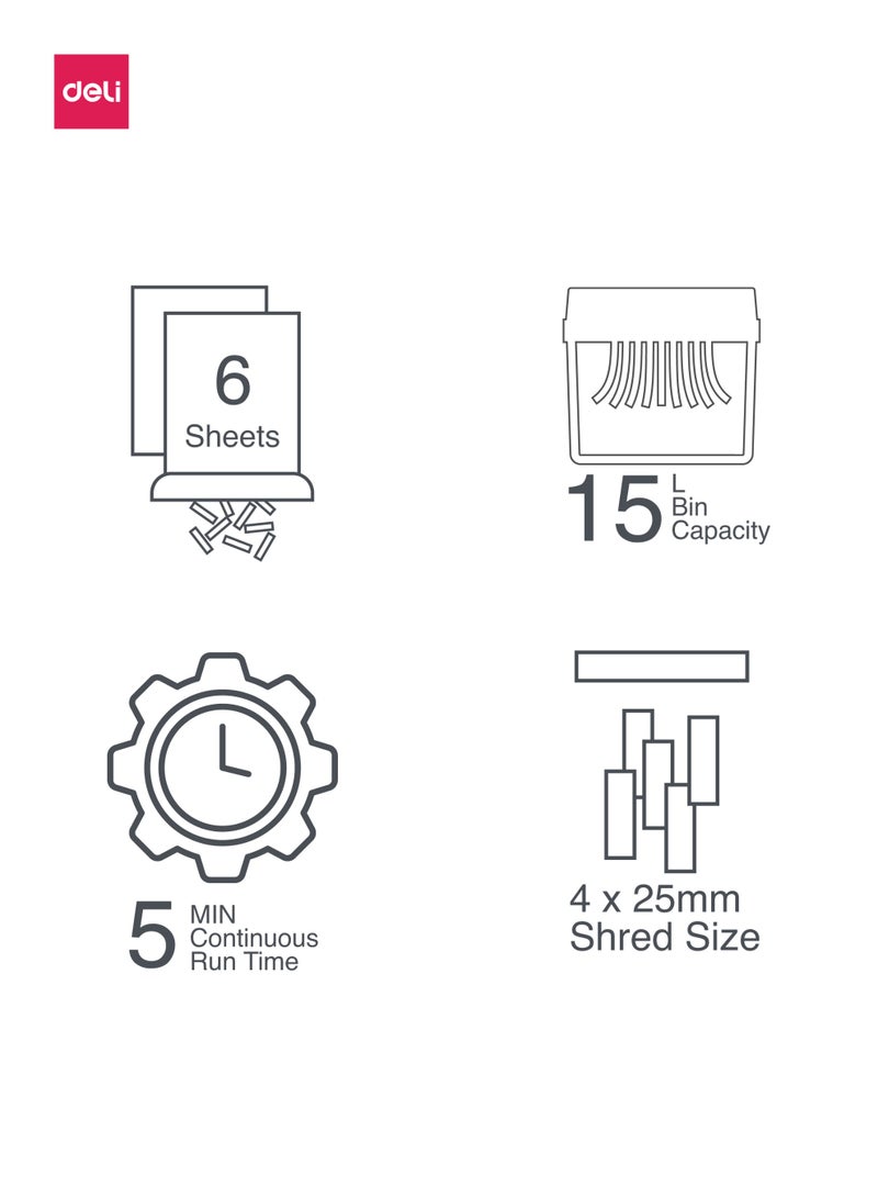 ديلي آلة تمزيق الورق ET001 P4 بنظام القص المتقاطع، سعة 6 أوراق، سلة 15 لتر، تشغيل هادئ للمكاتب - Image 2